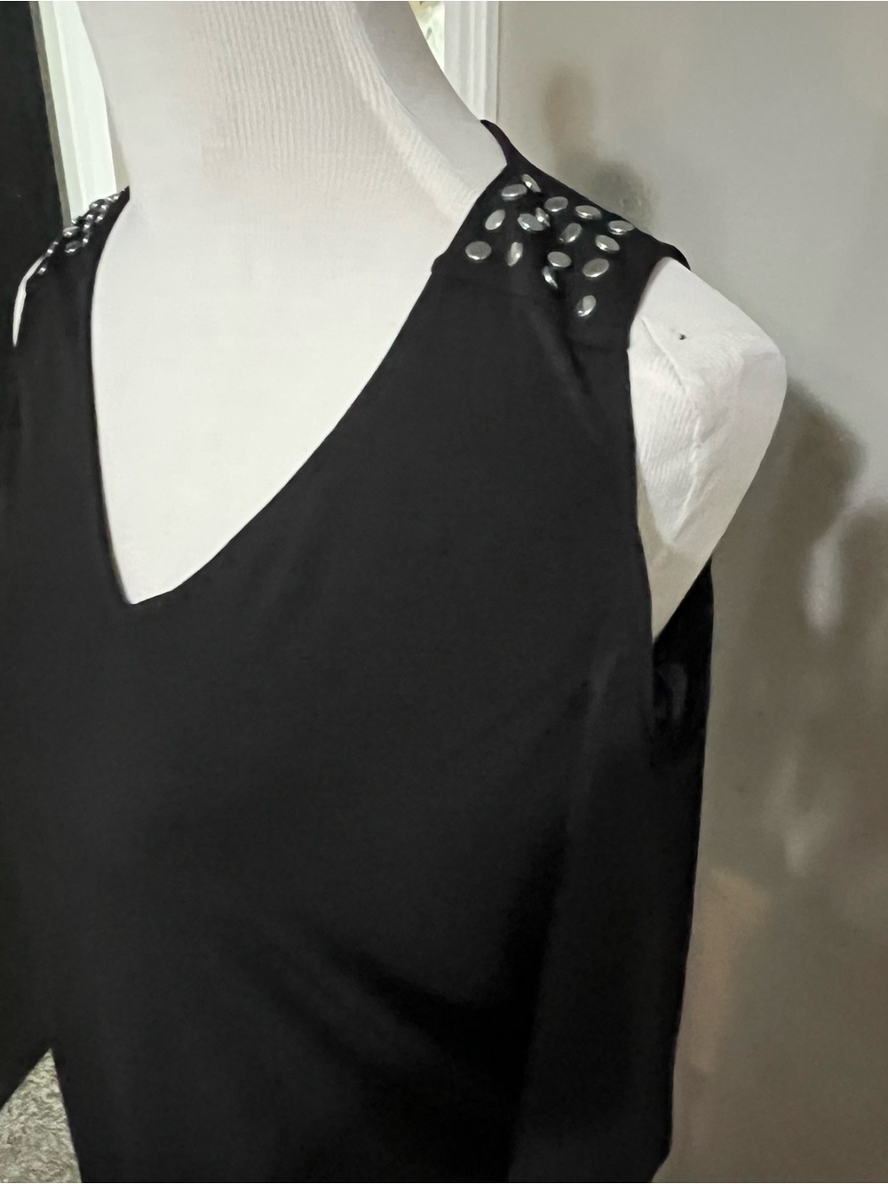 Calvin Klein Black Cold-Shoulder V-Neck Top with Studded Shoulders